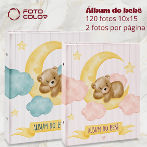 Álbum do bebê para 120 fotos 10x15 Album capa dura 18,4x24  Encadernado com rebites, folhas em plástico cristal. 4 folhas impressas para histórico do bebê com envelopes plásticos para proteção.  Esse é um álbum de tamanho maior, capacidade para duas fotos por página. Não aceita refil