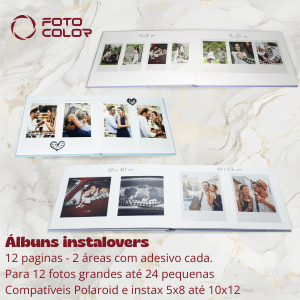 Álbum Instalovers para 12 fotos grandes ou 24 pequenas Album capa dura 13,2x11,2  Folhas de papel branco com adesivo coberto por TNT. Fácil de montar: é só retirar o TNT de proteção e colar as fotos.  Para fotos no formato compatível Polaroid ou Instax 5x8 até 10x12. 12 páginas - 2 áreas com adesivo e TNT em cada página. Para 12 fotos grandes até 24 fotos pequenas.