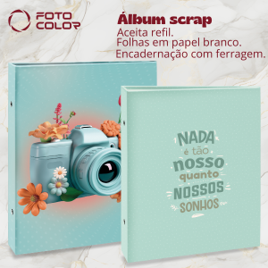 Álbum Scrap Album capa dura 23x23,5  Encadernado com ferragem, aceita refil. Folhas em papel branco. Área útil das folhas: 185mm larg.x 215mm alt.  Os álbuns da linha Scrap têm folhas em papel especial branco, e são ideais para personalizar, escrever, colar bilhetinhos, adesivos e enfeites junto de suas fotos preferidas.